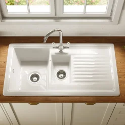 Vellamo Ceramic 1.5 Bowl Inset Kitchen Sink with Reversible Drainer & Waste Kit - 1010 x 530mm
