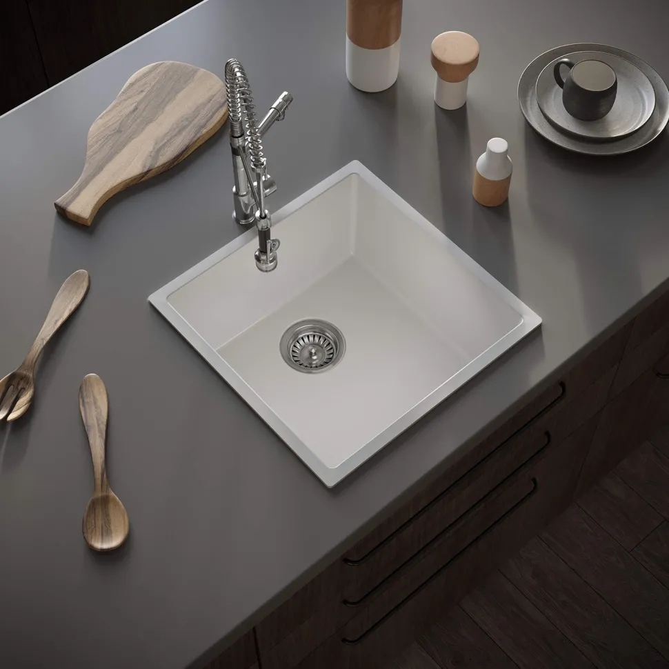 Vellamo Ceramic-Style Gloss White Composite Inset / Undermount 1 Bowl Kitchen Sink & Waste - 440 x 440mm