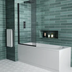 Vellamo City Matt Black 6mm Smoked Black Glass Hinged Bath Screen - 1400 x 800mm