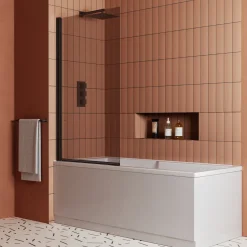 Vellamo City Matt Black 6mm Smoked Black Glass Hinged Bath Screen - 1400 x 800mm
