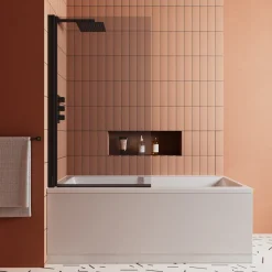 Vellamo City Matt Black 6mm Smoked Black Glass Hinged Bath Screen - 1400 x 800mm