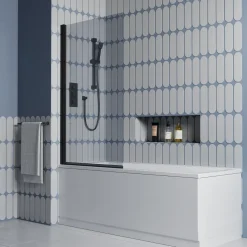 Vellamo City Matt Black 6mm Smoked Black Glass Hinged Bath Screen - 1400 x 800mm