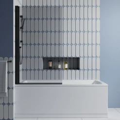 Vellamo City Matt Black 6mm Smoked Black Glass Hinged Bath Screen - 1400 x 800mm