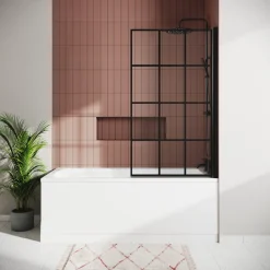 Vellamo City 6mm Matt Black Framed Hinged Grid Bath Screen - 1430 x 770mm