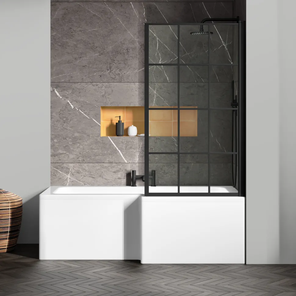 Vellamo City 6mm Matt Black Framed Hinged Bath Screen With Fixed Return - 1430 x 780mm