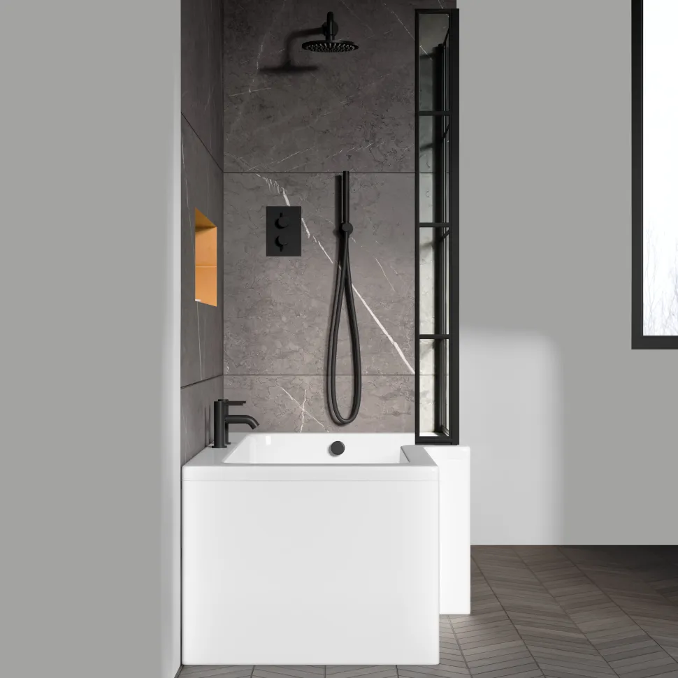 Vellamo City 6mm Matt Black Framed Hinged Bath Screen With Fixed Return - 1430 x 780mm