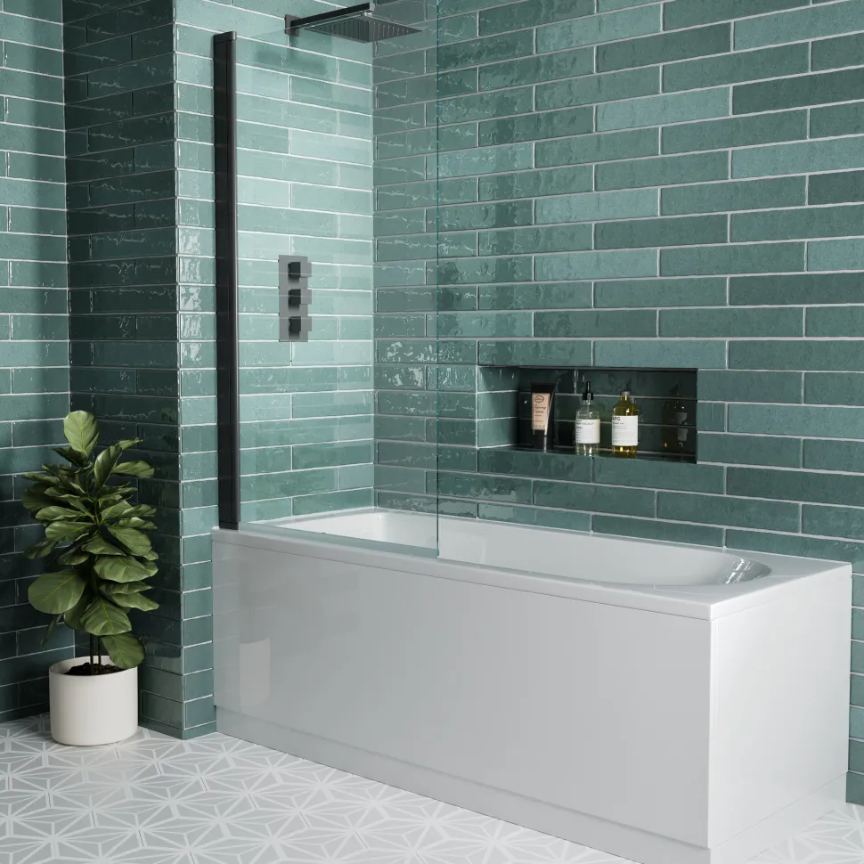 Vellamo City 6mm Matt Black Square Corner Hinged Bath Screen - 1430 x 770mm