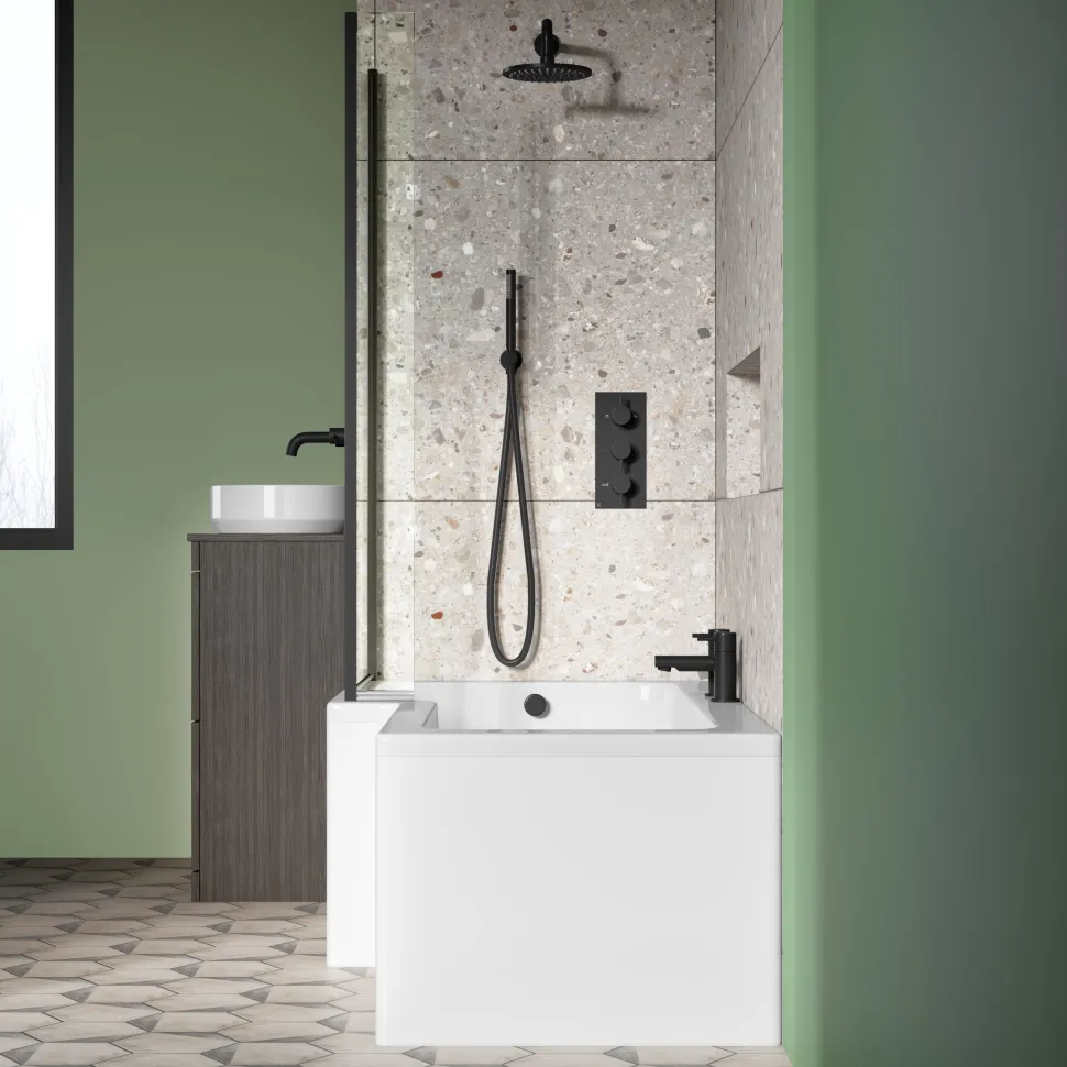 Vellamo City 6mm Matt Black Square Corner Hinged Bath Screen With Fixed Return - 1430 x 780mm