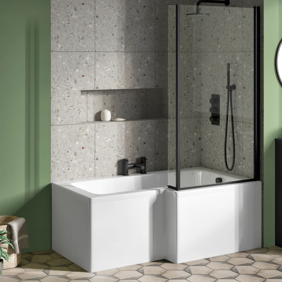 Vellamo City 6mm Matt Black Square Corner Hinged Bath Screen With Fixed Return - 1430 x 780mm
