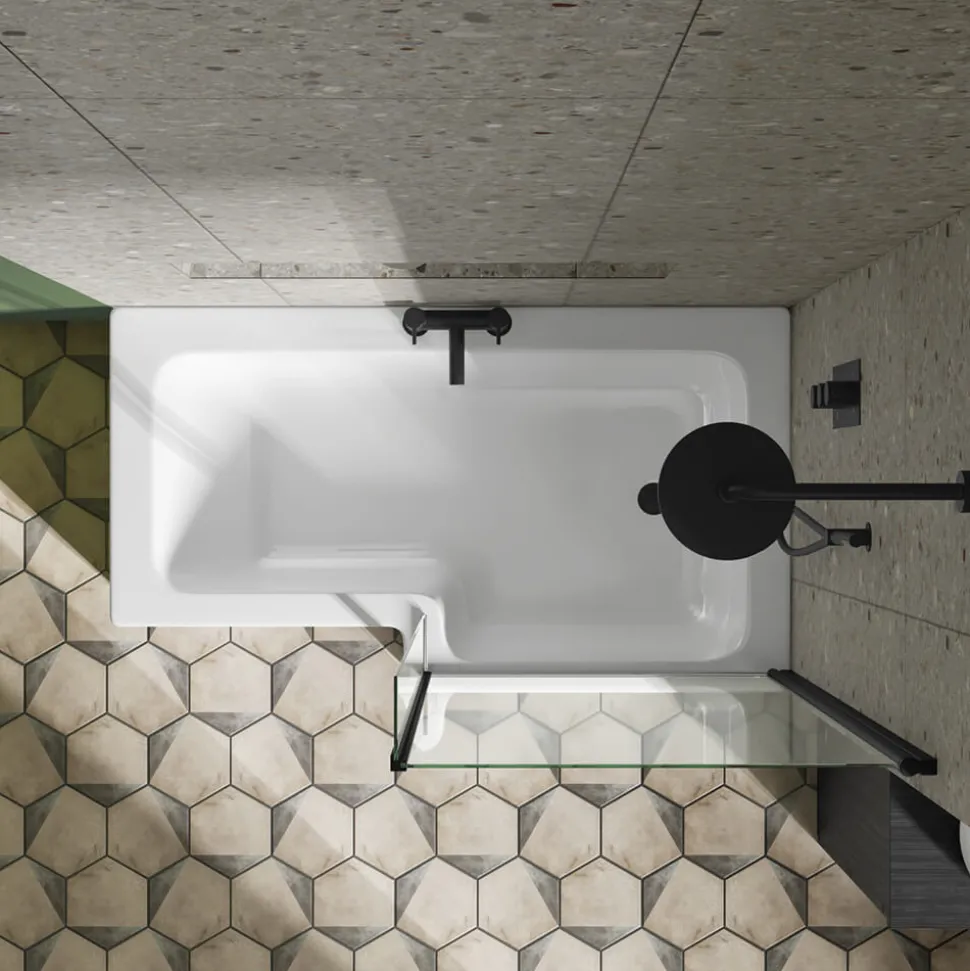 Vellamo City 6mm Matt Black Square Corner Hinged Bath Screen With Fixed Return - 1430 x 780mm