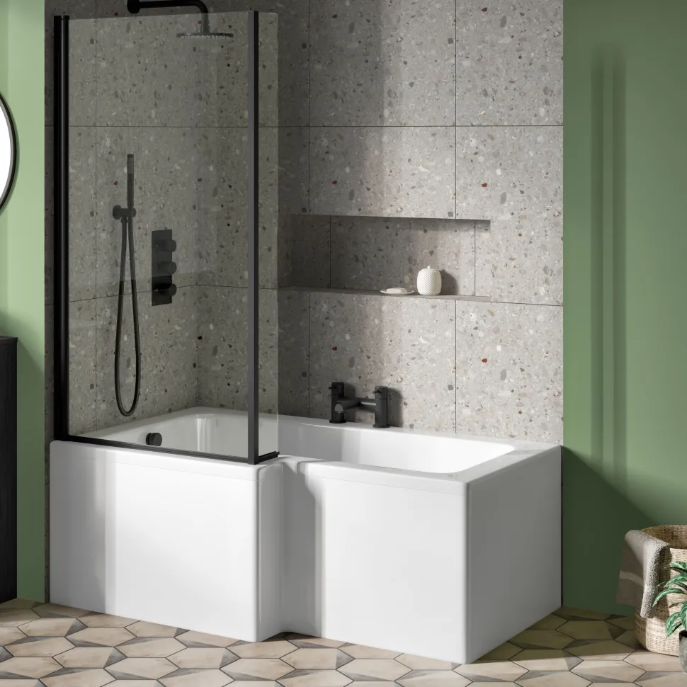 Vellamo City 6mm Matt Black Square Corner Hinged Bath Screen With Fixed Return - 1430 x 780mm