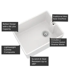 Vellamo Composite White Belfast Kitchen Sink & Waste - 595 x 455mm