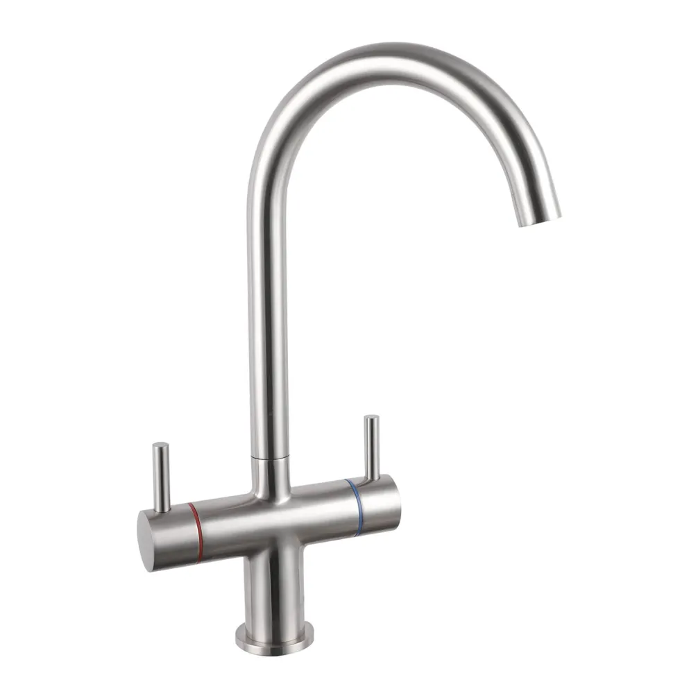 Vellamo Dava Twin Lever Brushed Nickel Mono Kitchen Mixer Tap