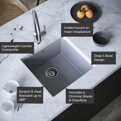 Vellamo Designer 1 Bowl Comite Composite Inset/Undermount Kitchen Sink & Waste - 440 x 440mm