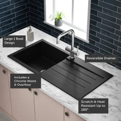 Vellamo Designer 1 Bowl Comite Composite Kitchen Sink & Waste with Reversible Drainer - 1000 x 500mm