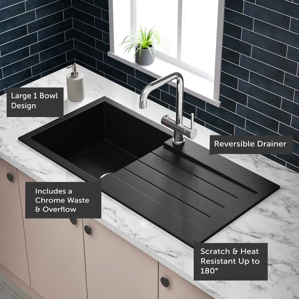 Vellamo Designer 1 Bowl Comite Composite Kitchen Sink & Waste with Reversible Drainer - 1000 x 500mm