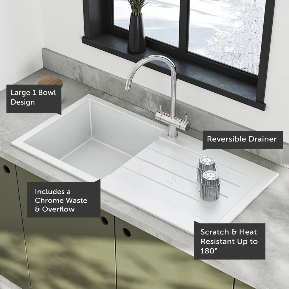 Vellamo Designer 1 Bowl Comite Composite Kitchen Sink & Waste with Reversible Drainer - 1000 x 500mm