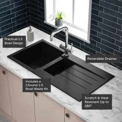 Vellamo Designer 1.5 Bowl Comite Composite Kitchen Sink & Waste with Reversible Drainer - 1000 x 500mm