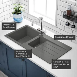 Vellamo Designer 1.5 Bowl Comite Composite Kitchen Sink & Waste with Reversible Drainer - 1000 x 500mm