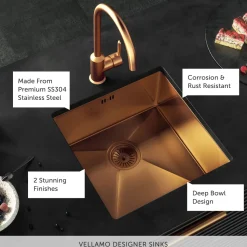 Vellamo Designer Single Bowl Inset/Undermount Stainless Steel Kitchen Sink & Waste - 440 x 440mm