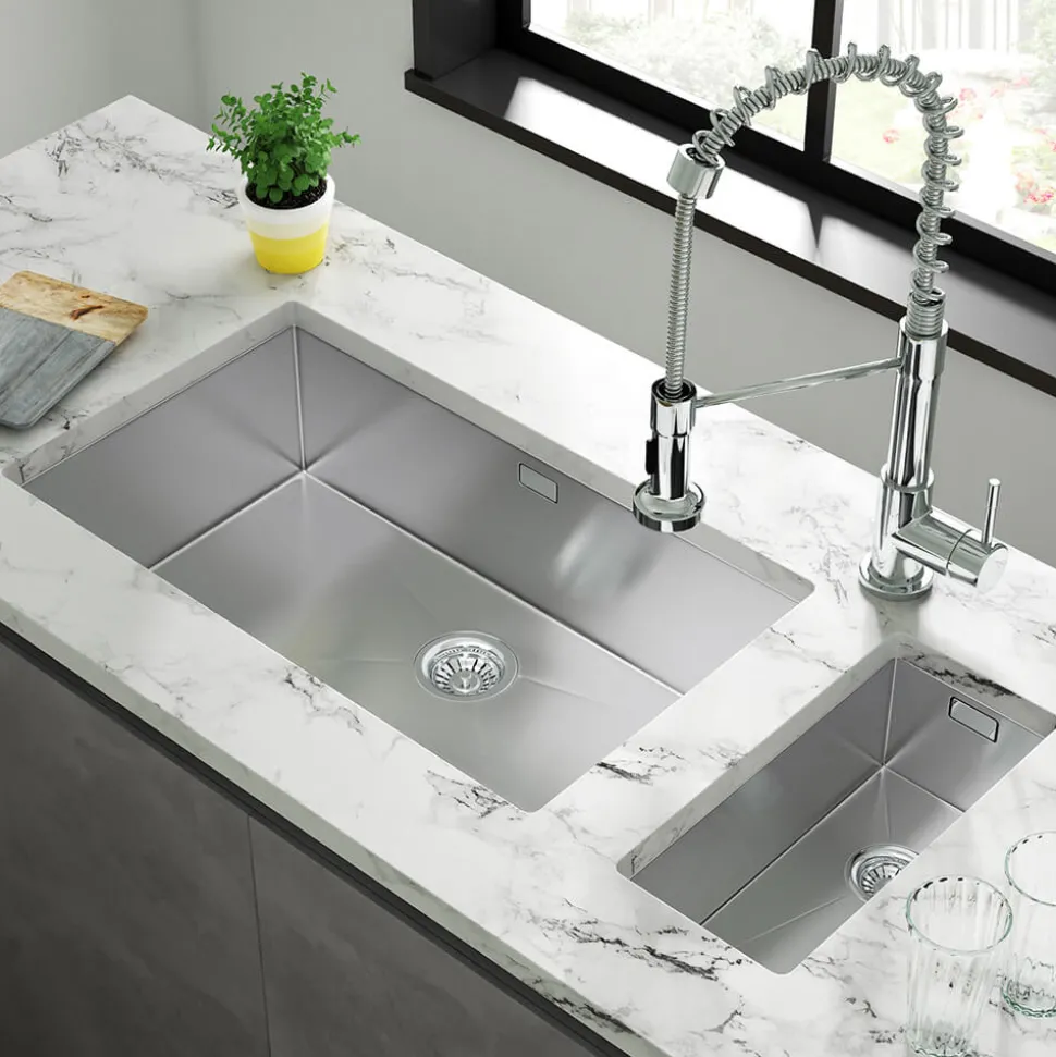 Vellamo Edge Extra Large 1 Bowl Inset/Undermount Stainless Steel Kitchen Sink & Waste Kit - 730 x 430mm