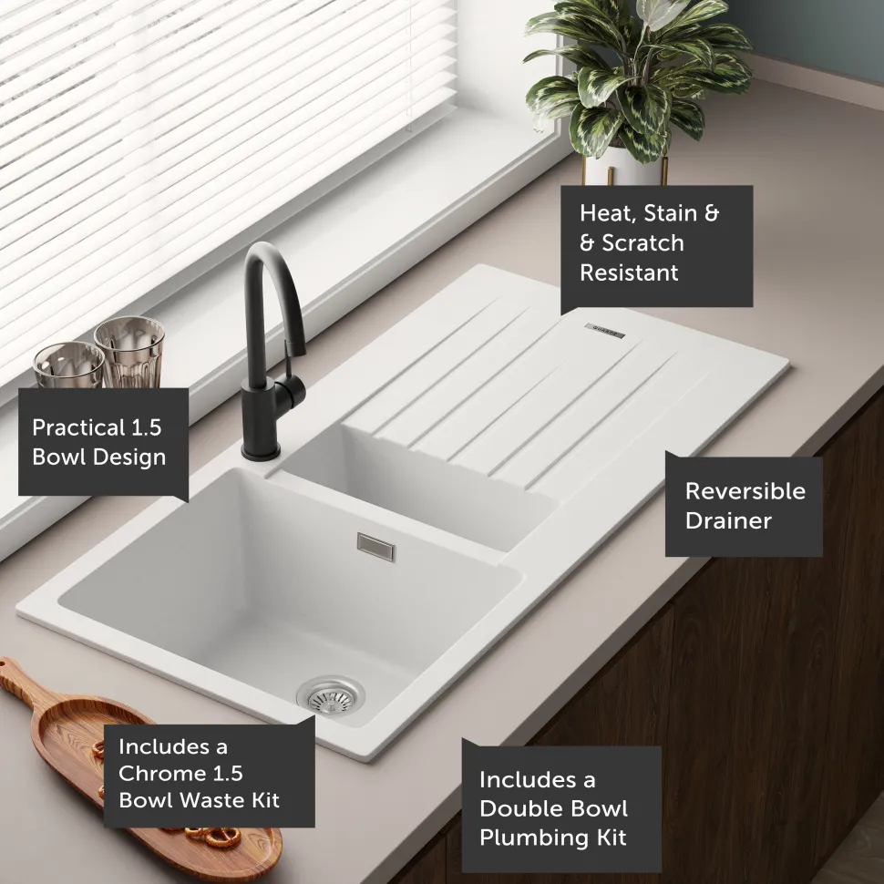 Vellamo Horizon 1.5 Bowl Granite Composite Kitchen Sink & Waste - 1000 x 500mm