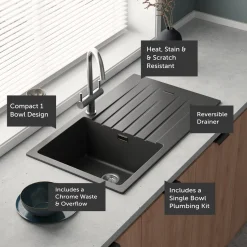 Vellamo Horizon Compact 1 Bowl Granite Composite Kitchen Sink & Waste - 860 x 500mm