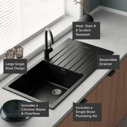 Vellamo Horizon Large Single Bowl Granite Composite Kitchen Sink & Waste - 1000 x 500mm
