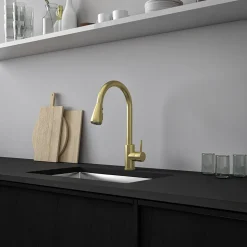 Vellamo Inspire Pull Out Spray Mono Kitchen Mixer Tap - Brushed Brass