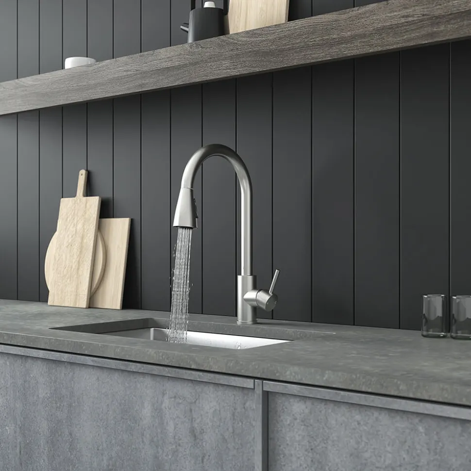 Vellamo Inspire Pull Out Spray Mono Kitchen Mixer Tap - Brushed Steel
