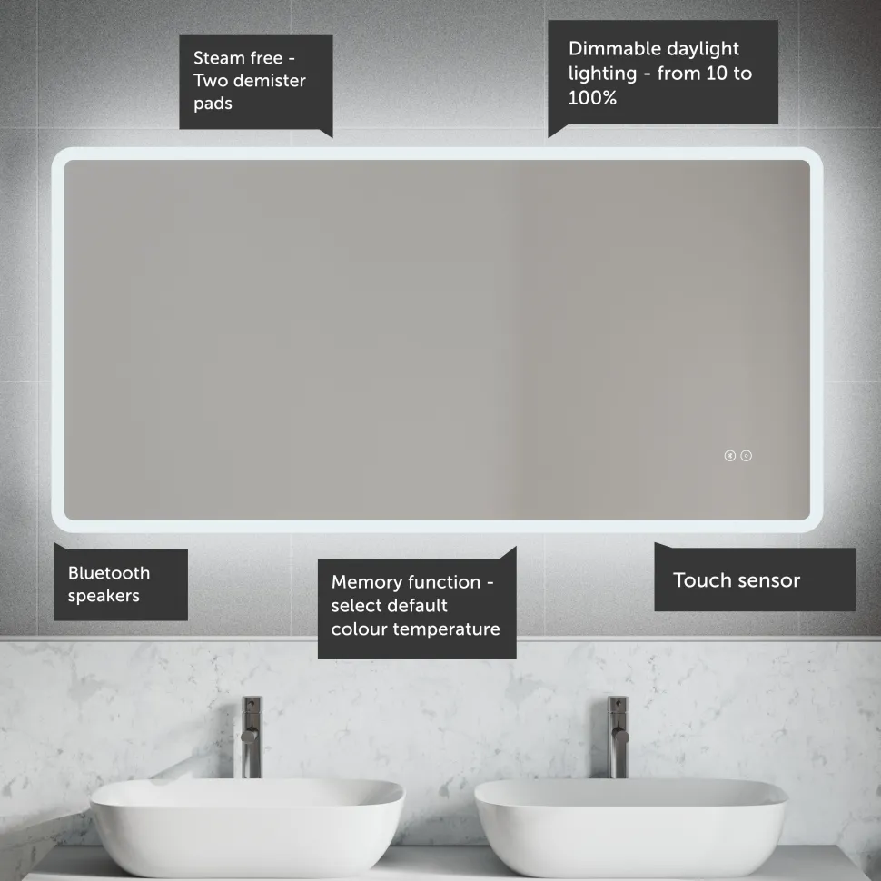 Vellamo LED Frame Mirror with Touch Sensor, Demister & Bluetooth - 1200 x 600mm