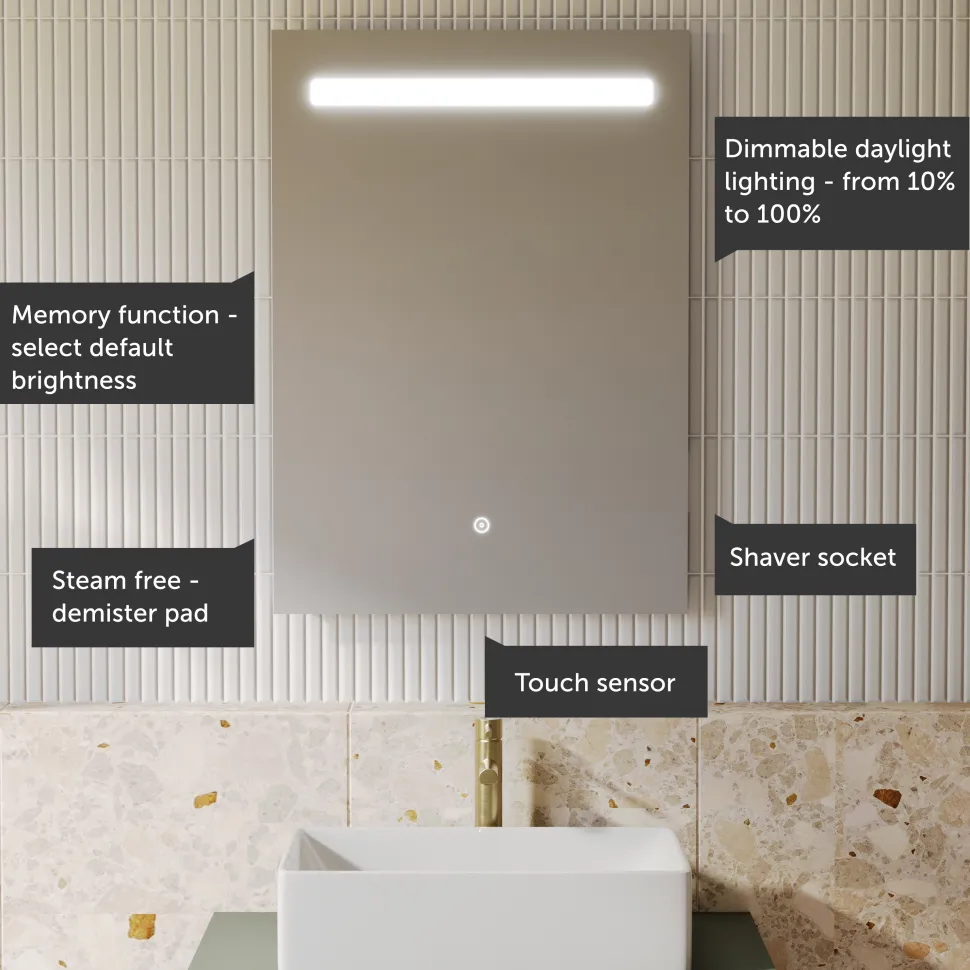 Vellamo LED Illuminated Bathroom Mirror with Demister Pad & Shaver Socket - 500 x 700mm