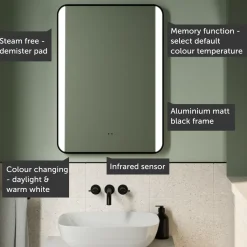 Vellamo LED Illuminated Matt Black Mirror with Demister Pad & Colour Change LEDs - 500 x 700mm