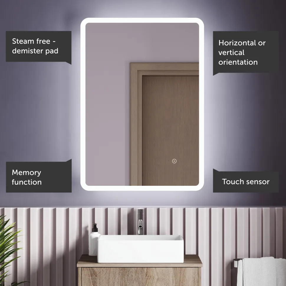 Vellamo LED Illuminated Universal Bathroom Mirror with Demister Pad - 600mm x 800mm