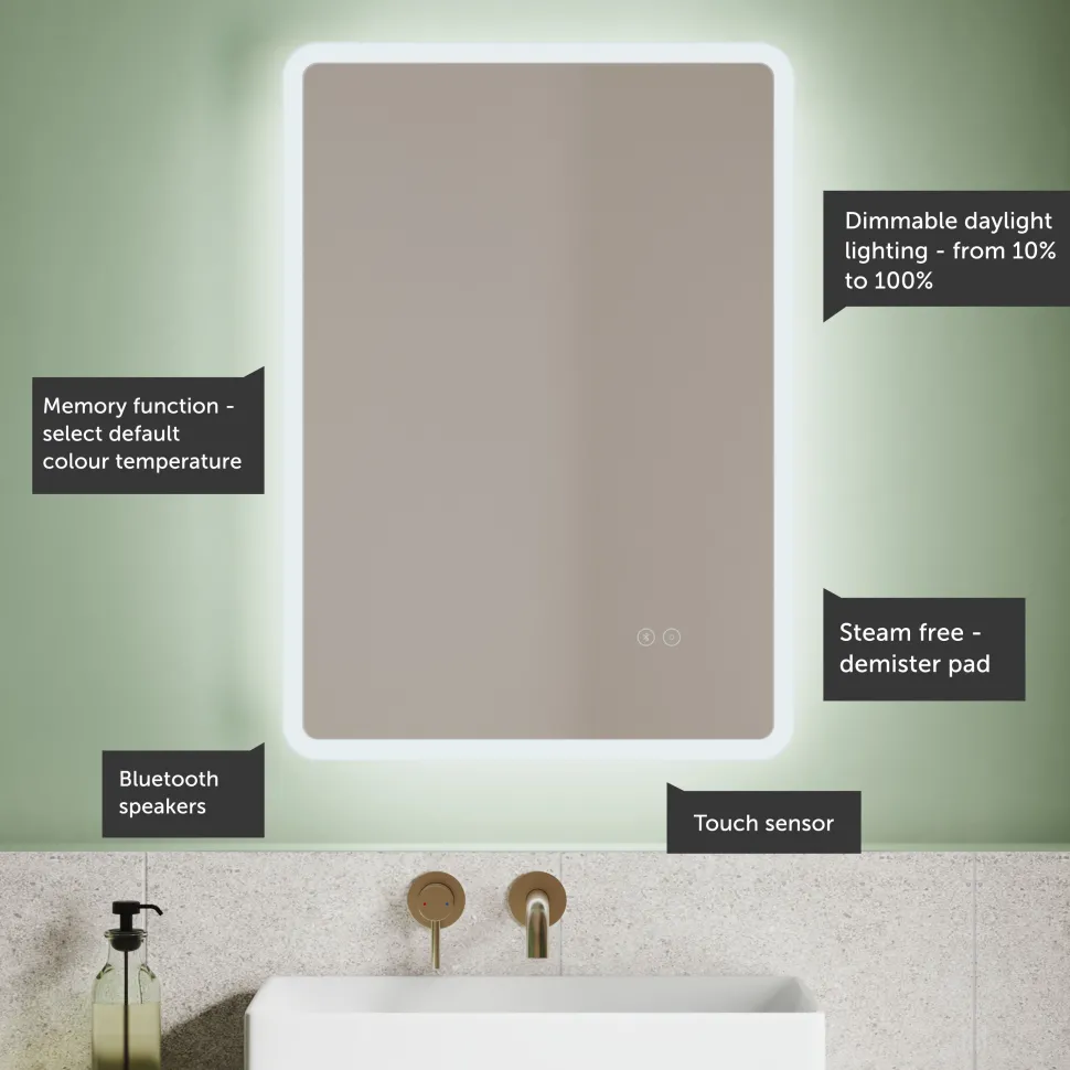 Vellamo LED Illuminated Universal Bathroom Mirror with Demister Pad & Bluetooth - 700mm x 500mm