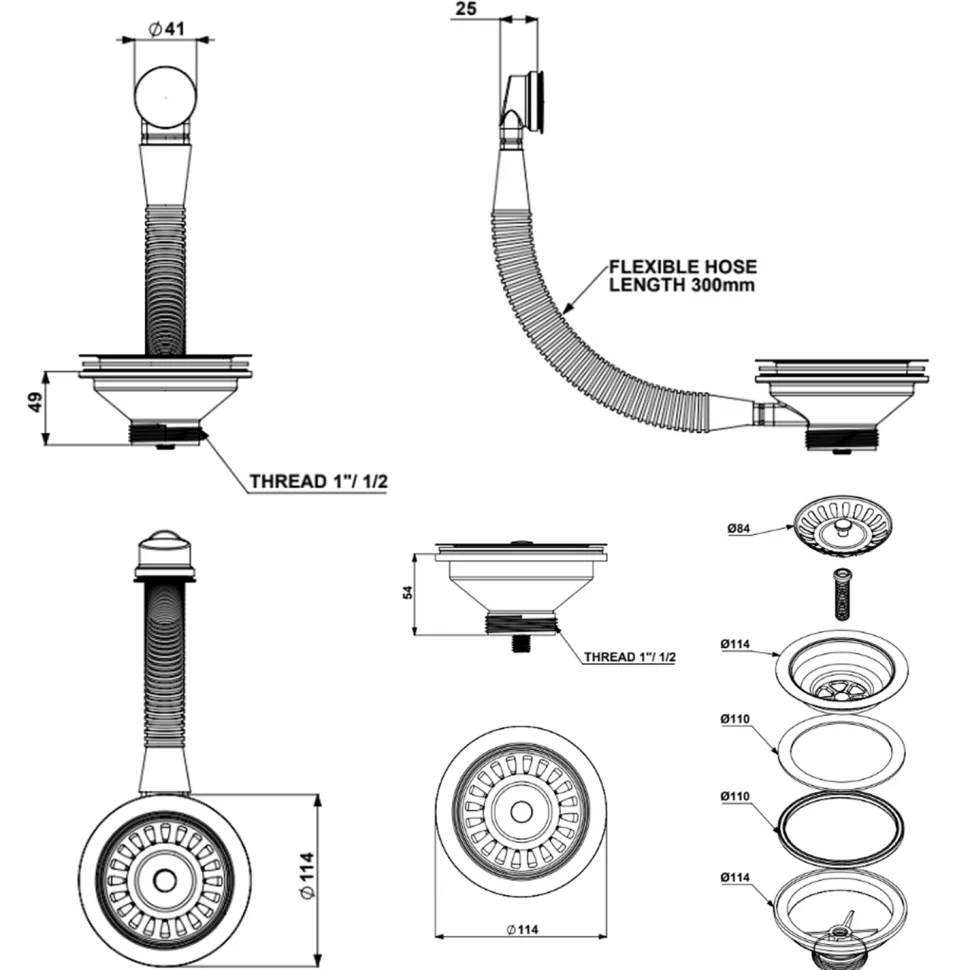Vellamo Premium 90mm 1.5 & 2 Bowl Kitchen Sink Strainer Wastes with Round Overflow