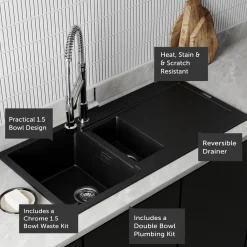 Vellamo Rocca 1.5 Bowl Granite Composite Inset Kitchen Sink & Waste - 1000 x 500mm