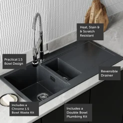 Vellamo Rocca 1.5 Bowl Granite Composite Inset Kitchen Sink & Waste - 1000 x 500mm