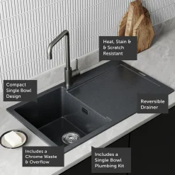 Vellamo Rocca Compact 1 Bowl Granite Composite Inset Kitchen Sink & Waste - 860 x 500mm