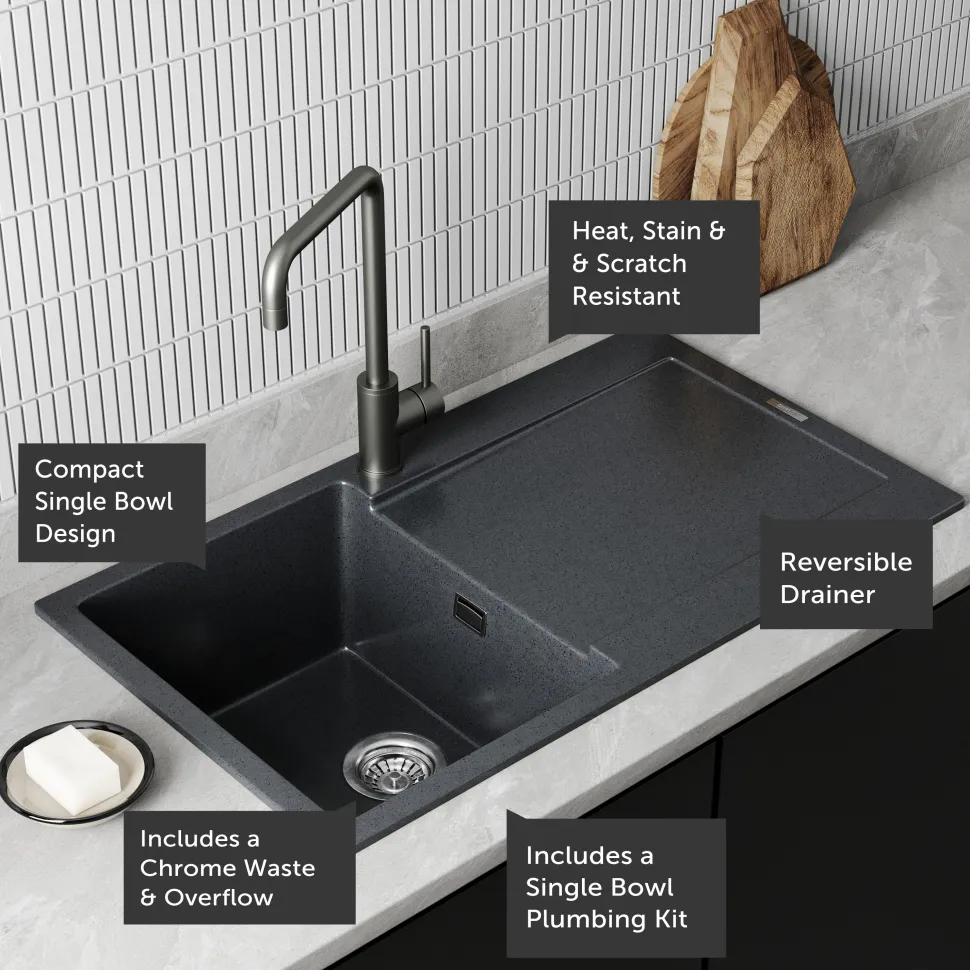 Vellamo Rocca Compact 1 Bowl Granite Composite Inset Kitchen Sink & Waste - 860 x 500mm