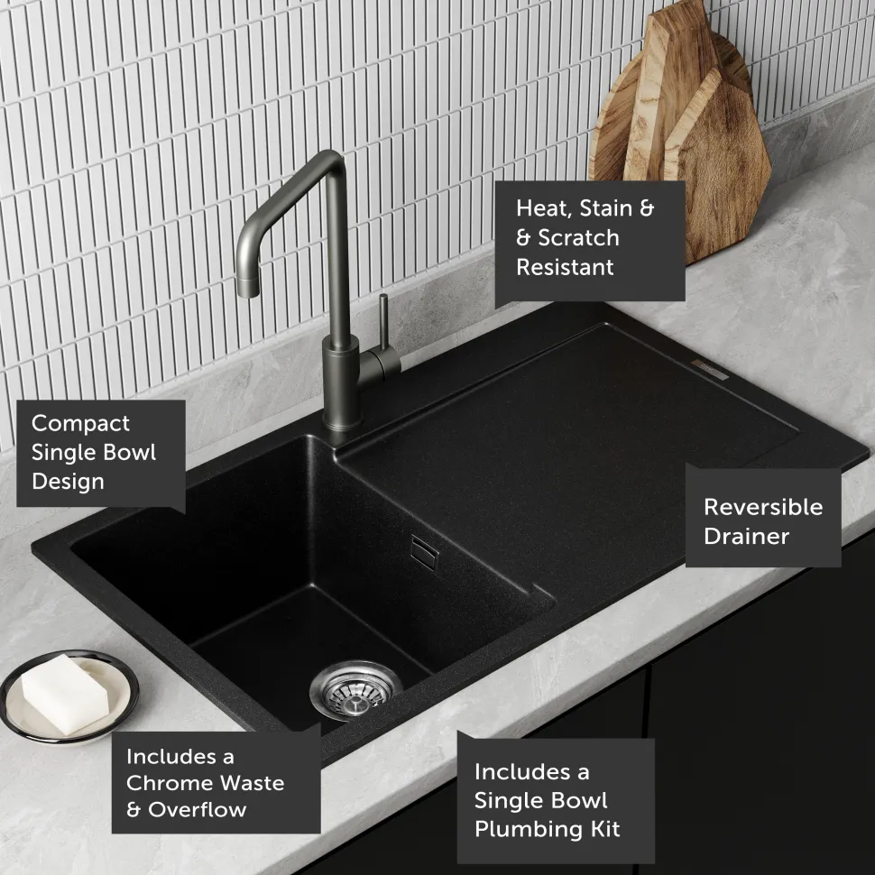 Vellamo Rocca Compact 1 Bowl Granite Composite Inset Kitchen Sink & Waste - 860 x 500mm
