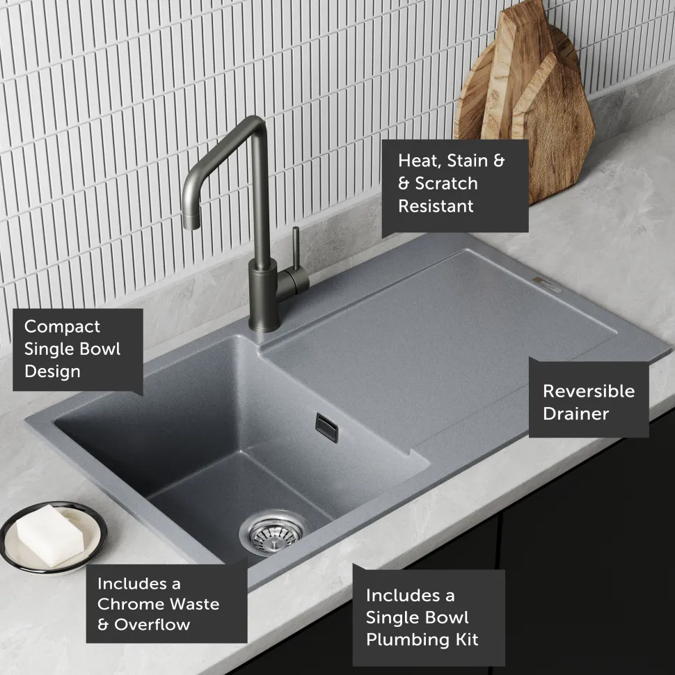 Vellamo Rocca Compact 1 Bowl Granite Composite Inset Kitchen Sink & Waste - 860 x 500mm