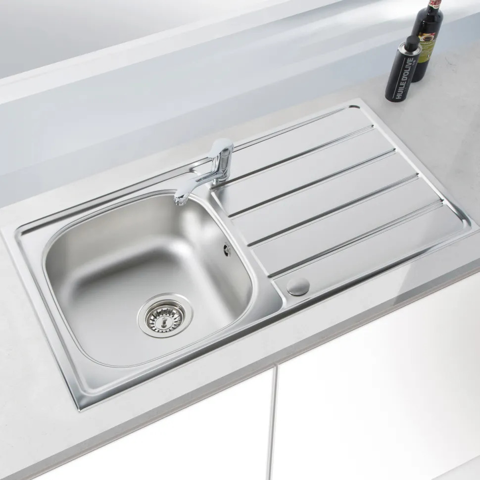 Vellamo Sunrise Compact 1 Bowl Satin Stainless Steel Kitchen Sink with Waste, Plumbing Kit & Reversible Drainer - 860 x 500mm