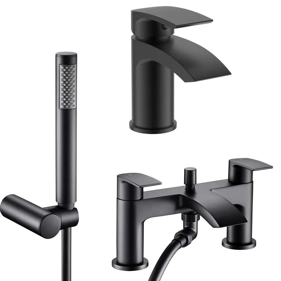 Vellamo Swift Matt Black Basin Mixer Tap & Waste and Bath Shower Mixer Tap with Shower Kit