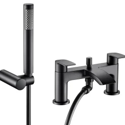Vellamo Swift Matt Black Basin Mixer Tap & Waste and Bath Shower Mixer Tap with Shower Kit