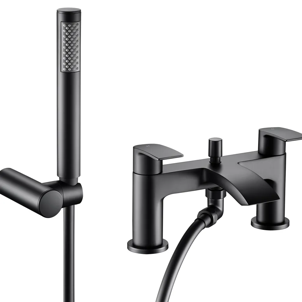 Vellamo Swift Matt Black Basin Mixer Tap & Waste and Bath Shower Mixer Tap with Shower Kit