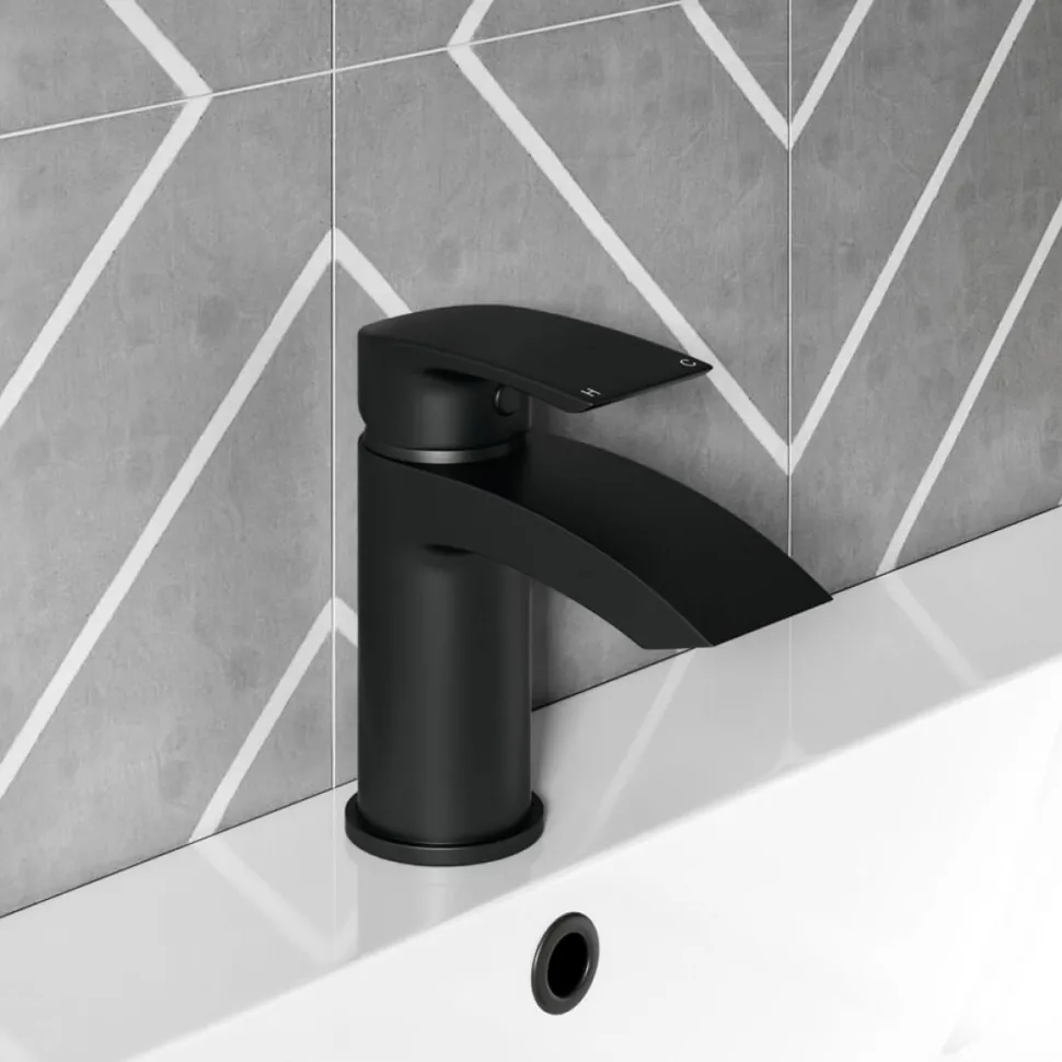 Vellamo Swift Matt Black Basin Mixer Tap & Waste and Bath Shower Mixer Tap with Shower Kit