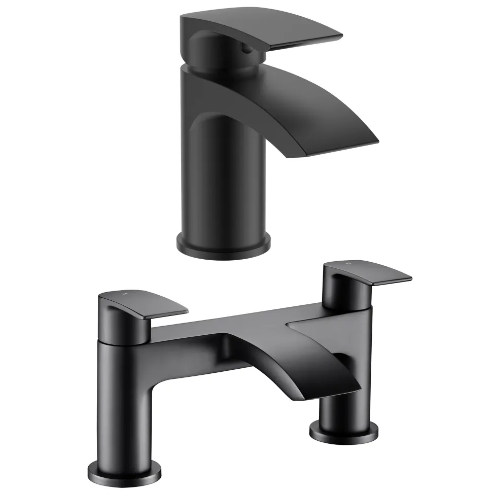 Vellamo Swift Matt Black Basin Mixer Tap & Waste and Deck Mounted Bath Mixer Tap