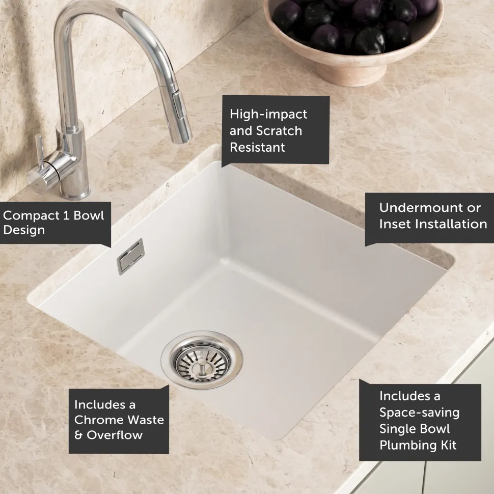 Vellamo Terra 1 Bowl Granite Composite Inset or Undermount Kitchen Sink & Waste - 430 x 460mm