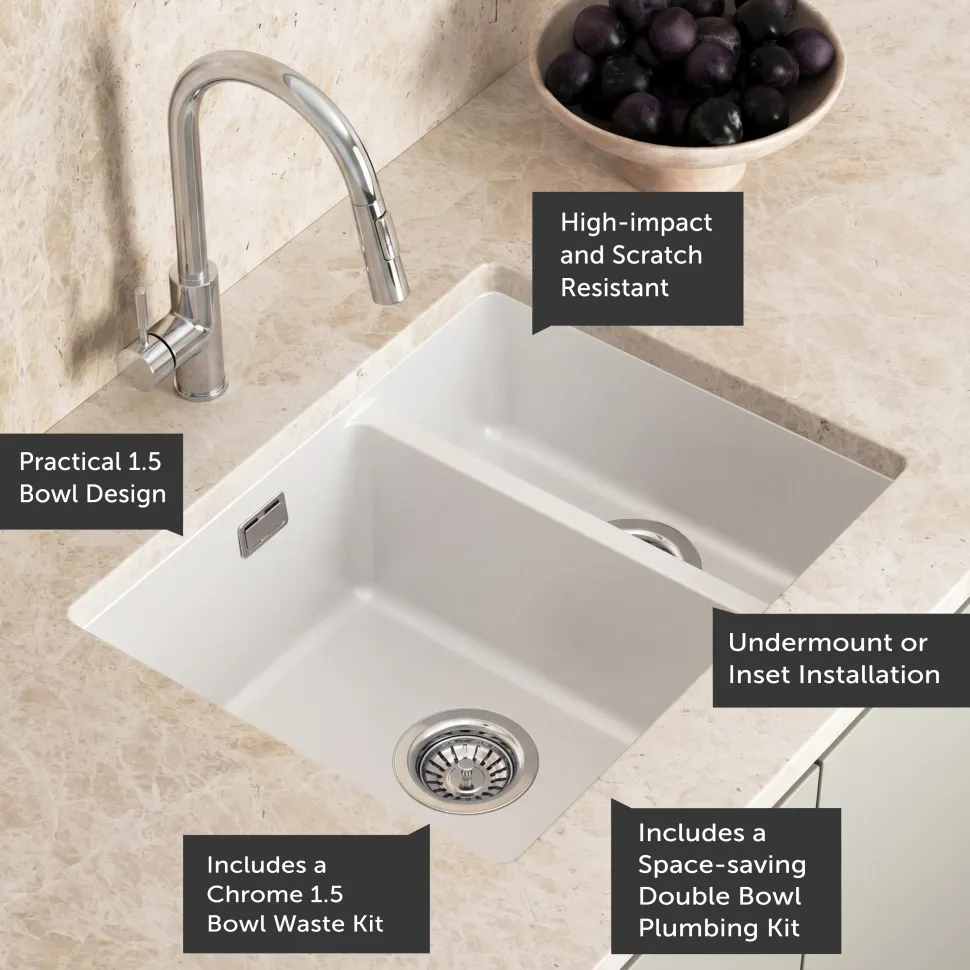 Vellamo Terra 1.5 Bowl Granite Composite Inset/Undermount Kitchen Sink & Waste Kit - 555 x 460mm